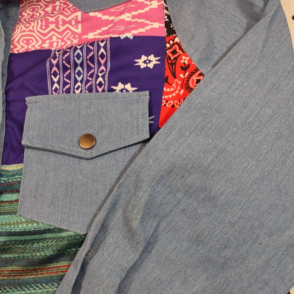 Urisme Patchwork Snap Button Blouse, Size Medium - image 3